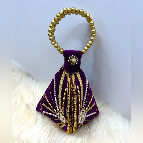 unbranded Handbags - Fortune Cookie Bag Purple Velvet Encrusted with Beads NWOT